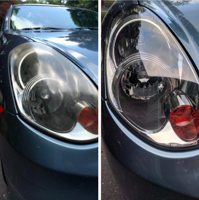 reviewer before and after images; before their headlight is cloudy and dirty, after is clear and clean