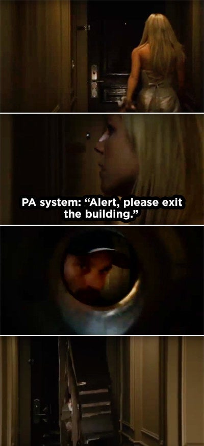 Donna in the hotel room while the PA system says to evacuate and then she sees a murderer through the door's peephole