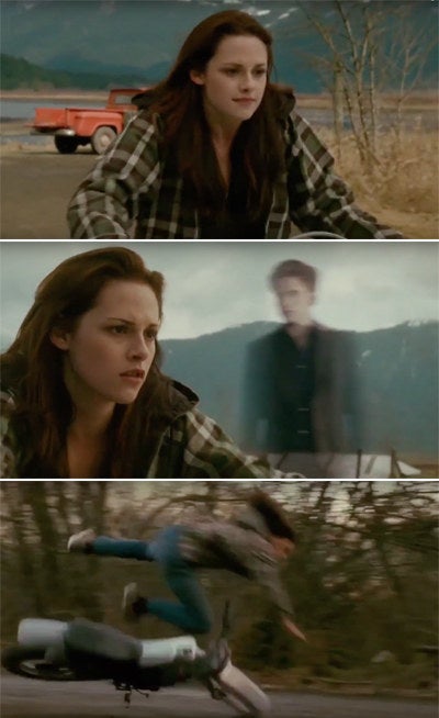 Bella riding a motorcycle to see Edward and then she crashes