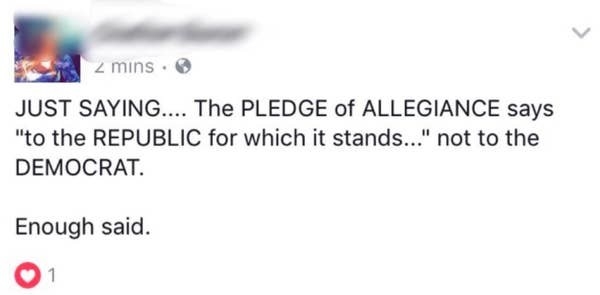 Facebook post reading that the pledge of allegiance says to the republic for which it stands not to the democrat
