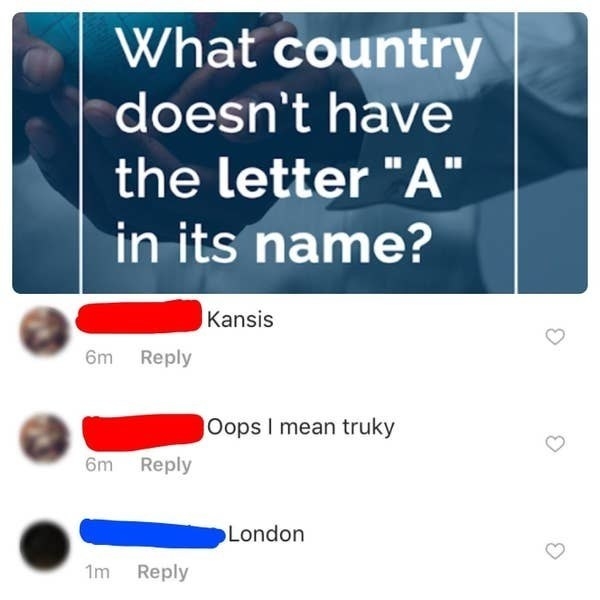 Facebook post of people trying and failing to come up with a country that doesn&#x27;t have the letter A in its name