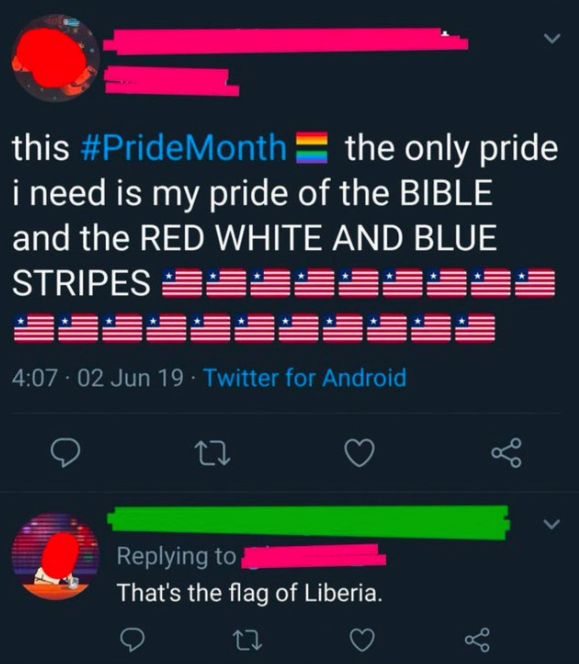 Tweet about the only pride this person needs to the bible and the red white and blue stripes but it&#x27;s not the american flag it&#x27;s the liberian flag