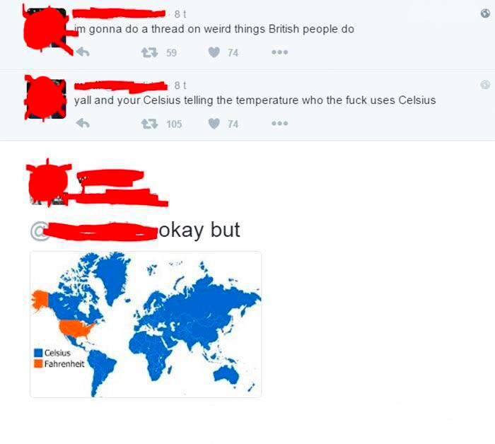 Tweet thread of a person getting owned for saying no one in the world uses celsius