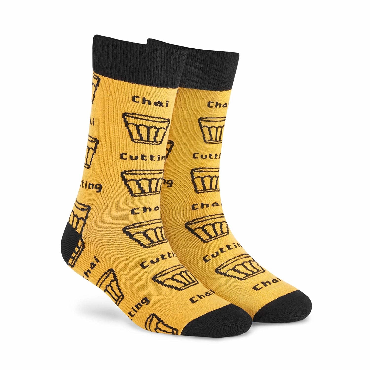 Black and yellow socks with chai glasses and the words &quot;Cutting Chai&quot; printed on them
