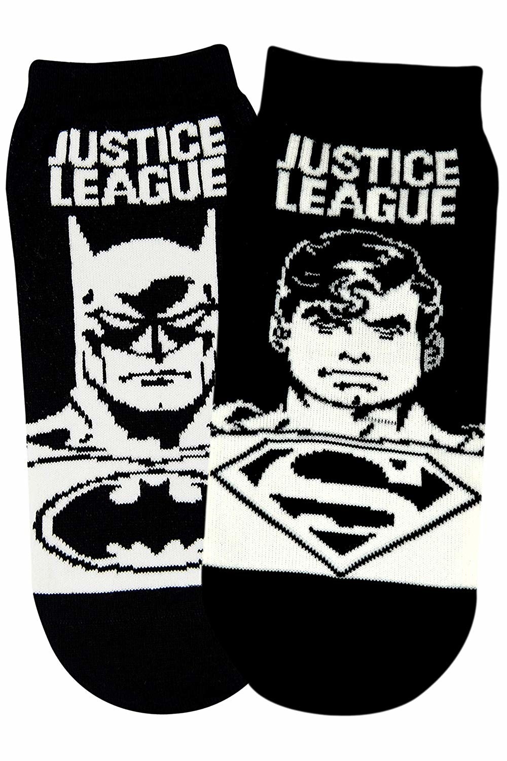 Black and white socks with Batman and Superman printed on them, with their logos and the words &quot;Justice League&quot;