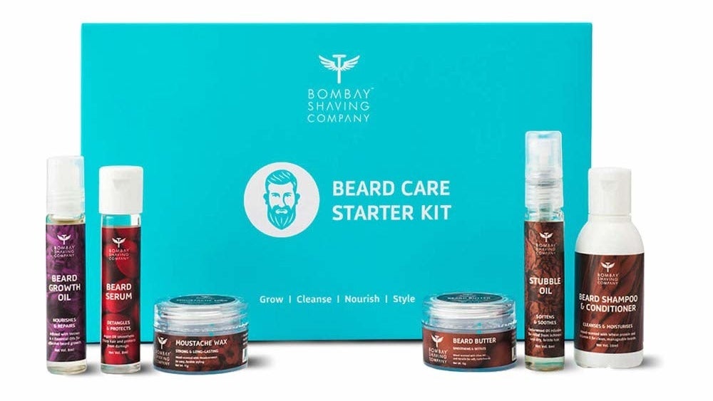 A starter kit that includes Beard Growth Oil, Beard Serum, Moustache Wax, Beard Butter, Stubble Oil, and Beard Shampoo and Conditioner