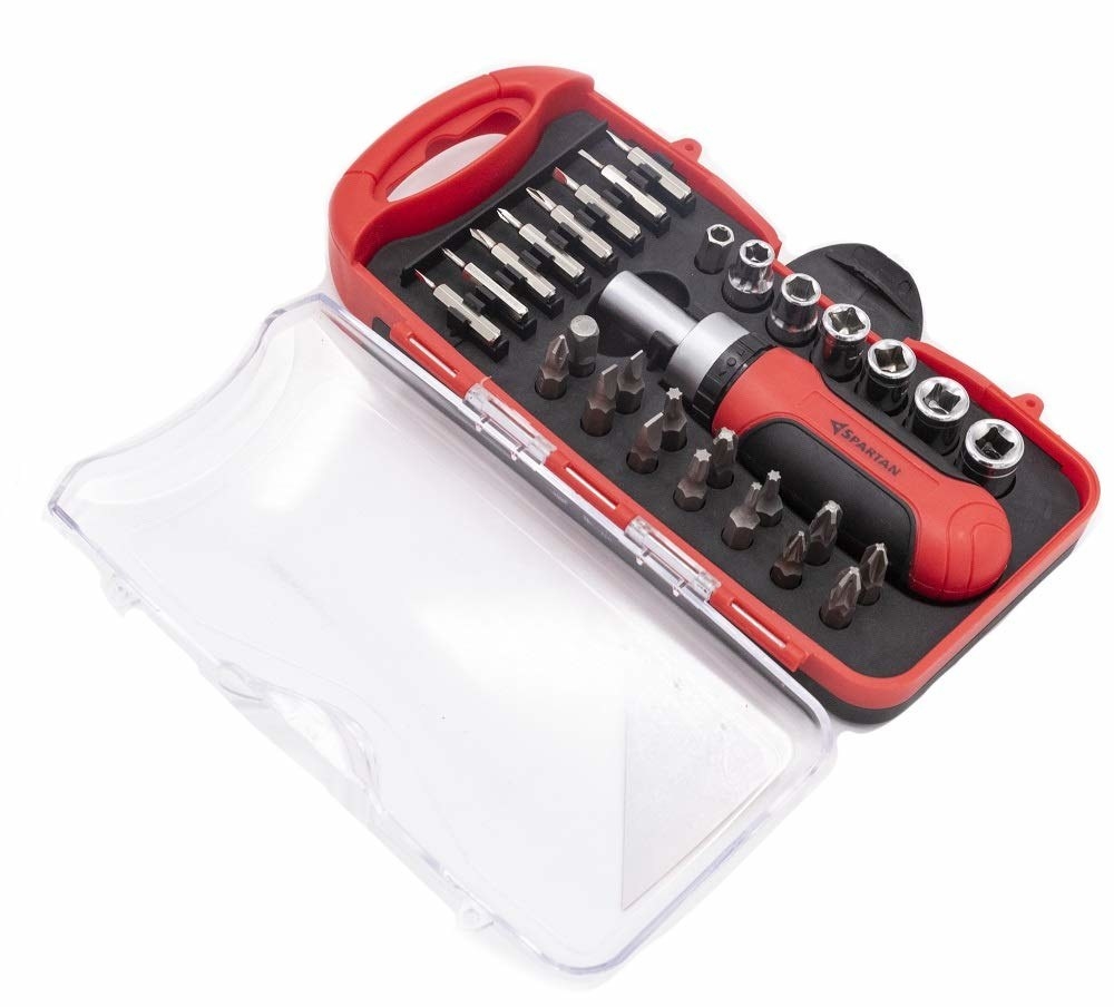 A screwdriver set in a red and black plastic box