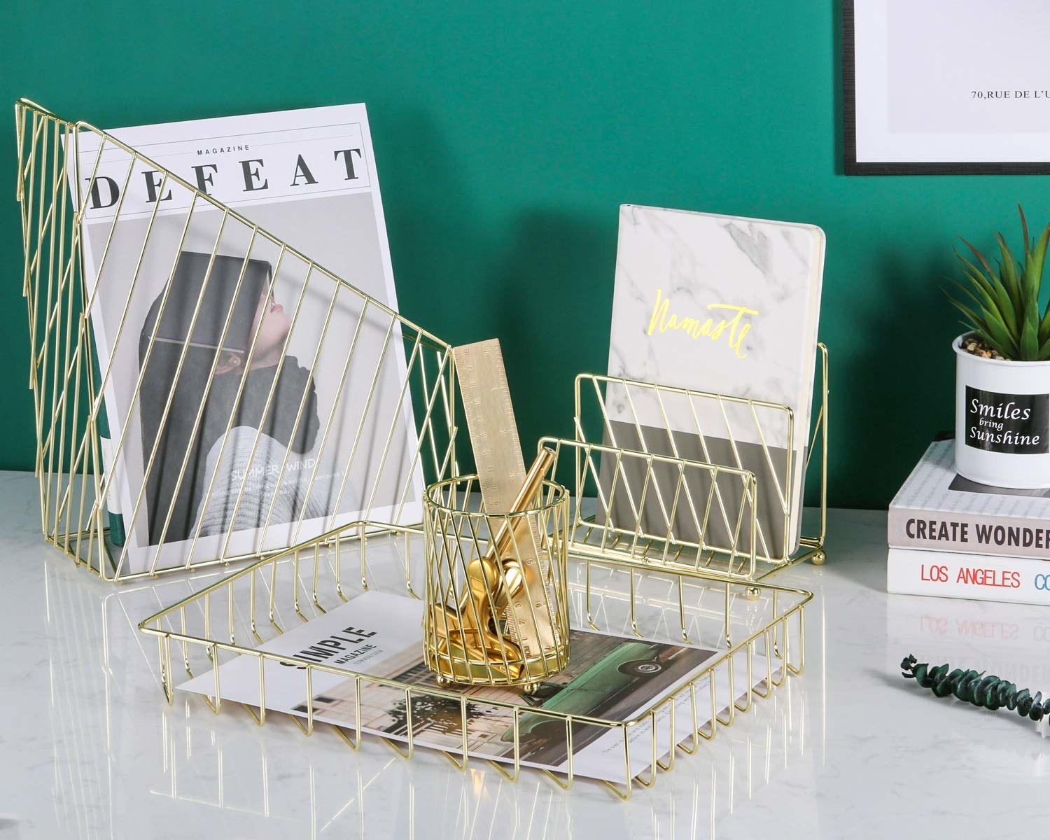The desktop organizers holding magazines notebooks rulers and other stationary