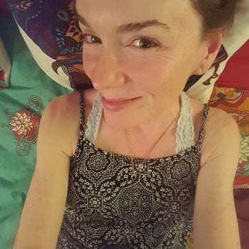 Reviewer beaming afterward with mask off 