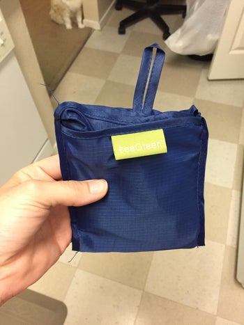 reviewer holding a reusable grocery bag