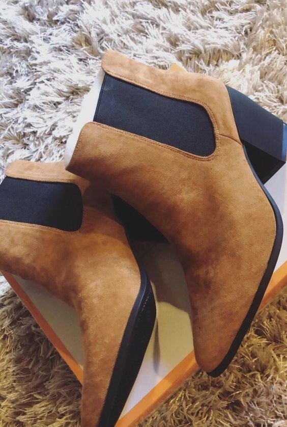 Reviewer&#x27;s picture of the brown suede booties