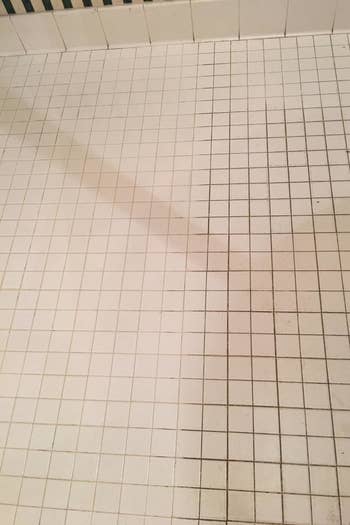 A side-by-side reviewer photo of dirty tile and much cleaner, whiter tile 