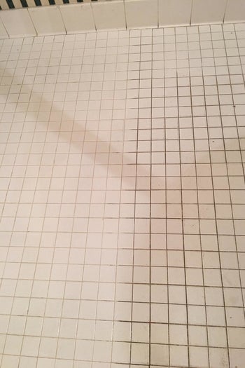 A side-by-side reviewer photo of dirty tile and much cleaner, whiter tile 
