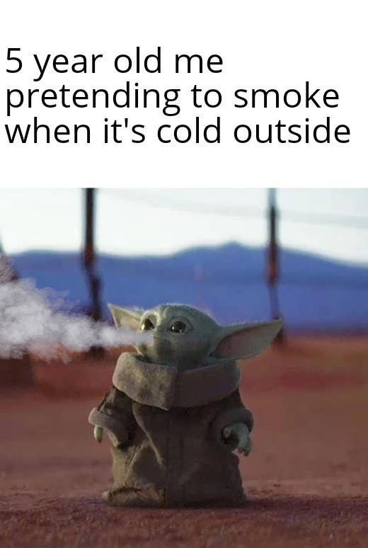 Picture of Baby Yoda exhaling into winter air and causing smoke