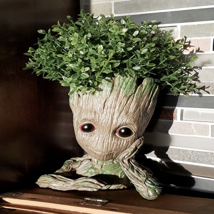 Reviewer uses Groot-shaped planter for their green plant on a shelf