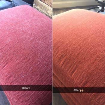 A different reviewer showing the before and after using the vacuum and how it got a cushion so clean it looks like it's a different color
