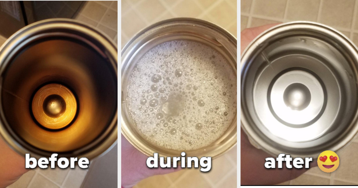 A before shot of a stained travel mug, a during shot of it with bubbles, and an after shot of the same mug shiny and stain-free 