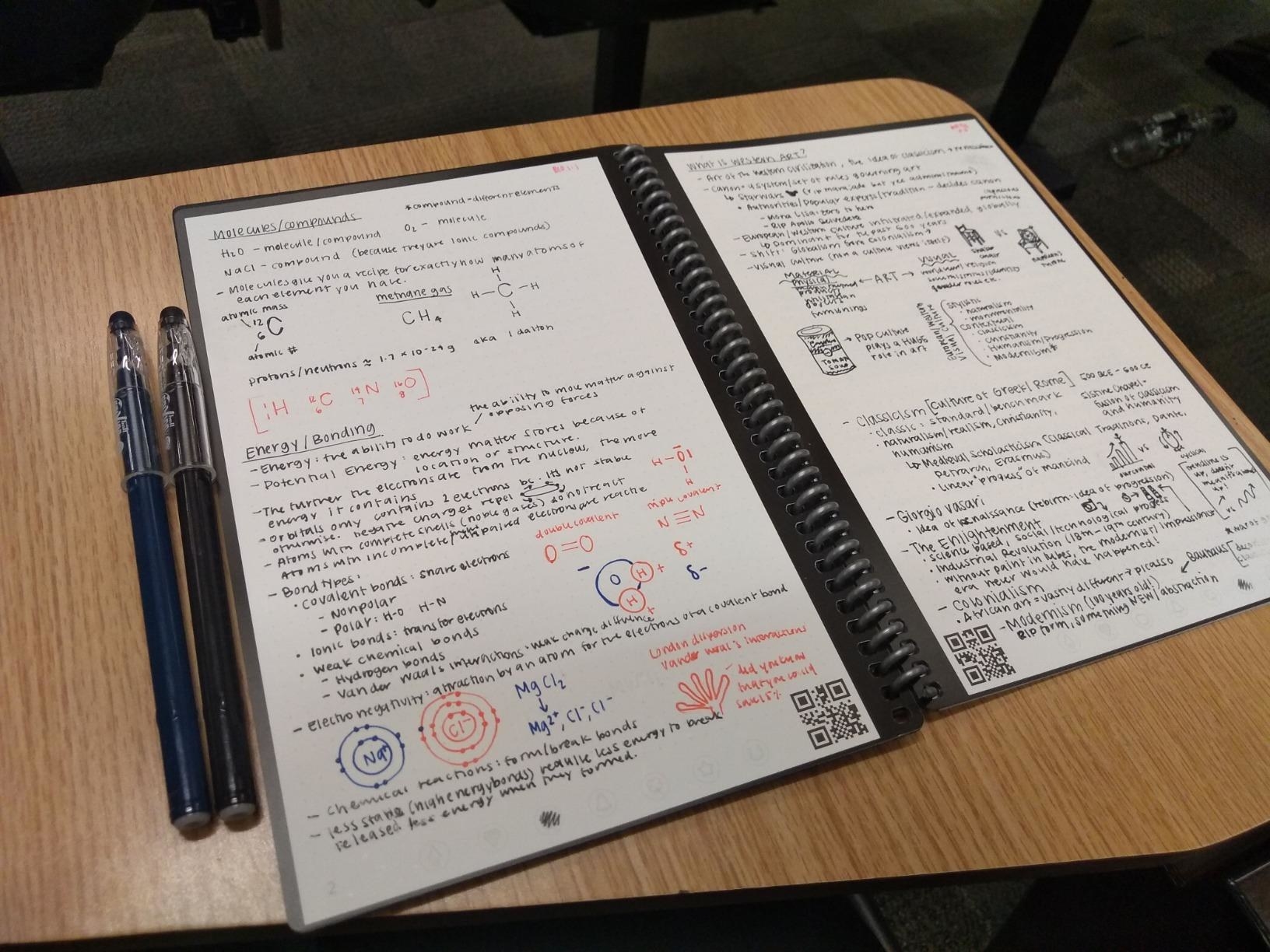 Reviewer pic of the notebook open on a desk with notes neatly written on either side and two pens sitting next to it