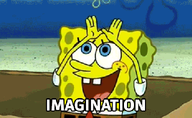 gif that says "imagination" with sSongebob making a rainbow with his hands