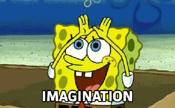 gif that says &quot;imagination&quot; with sSongebob making a rainbow with his hands