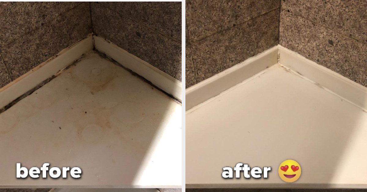reviewer&#x27;s before pic of shower corner with tons of mold, mildew on it, then after pic of nearly spotless shower corner