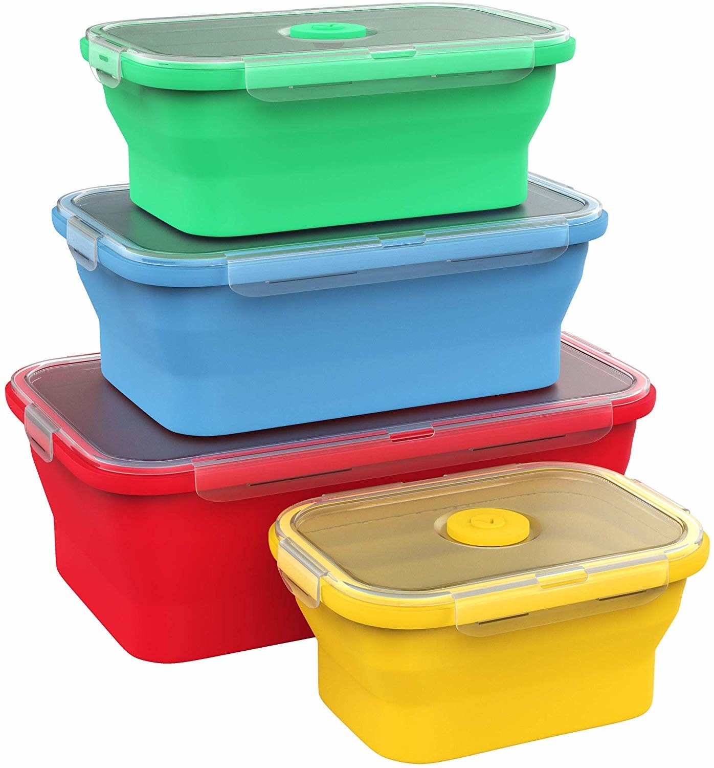 stack of four containers that decrease in size; largest is red, second-largest yellow, second-smallest green, and smallest red