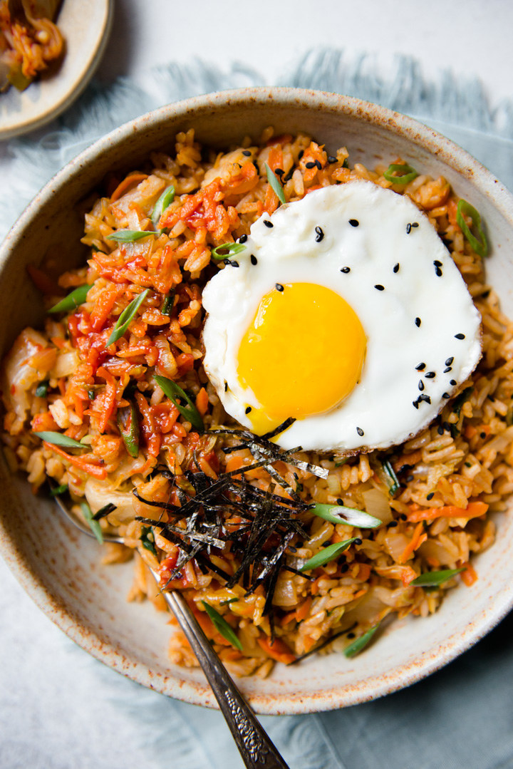 Kimchi Fried Rice with black sesame seeds in a bowl