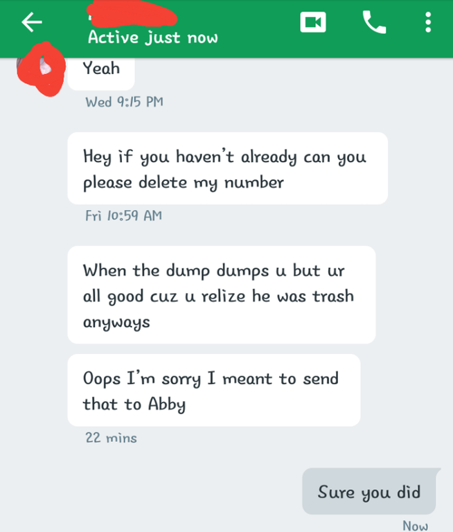 A person opens a conversation by asking the recipient to delete their number, then says &quot;when the dump dumps you but you&#x27;re all good cuz you realize he was trash,&quot; then claims they meant to send that to someone else