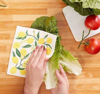 Person drying off lettuce with decorative towel 