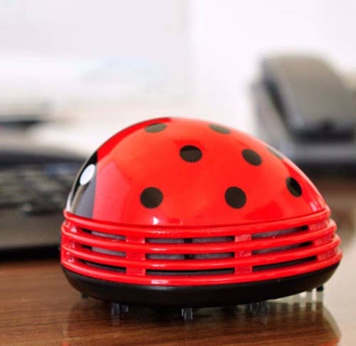 Ladybug-shaped mini vacuum placed on desk