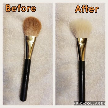 before photo of a makeup brush that's orange with foundation and an after photo of the same brush showing the bristles are fluffy, white, and clean again