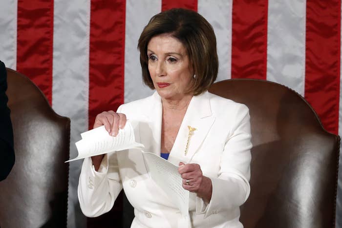 House Speaker Nancy Pelosi tears her copy of President Donald Trump&#x27;s State of the Union address.