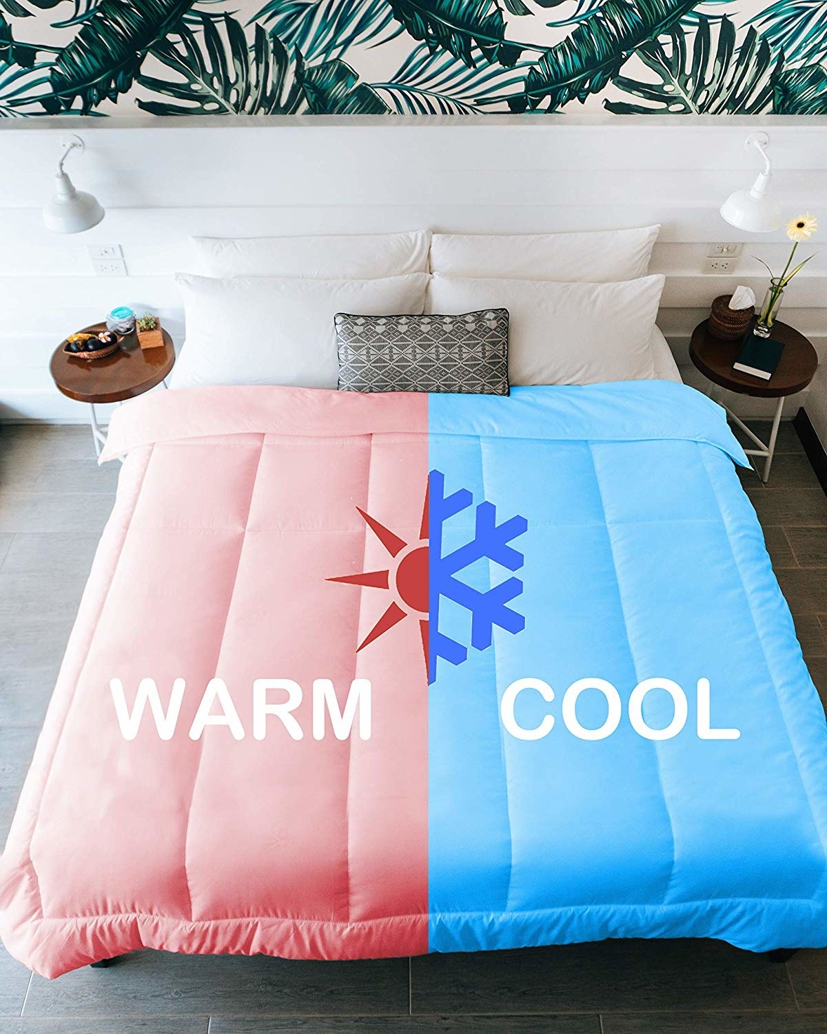 The warm and cool comforter on a bed