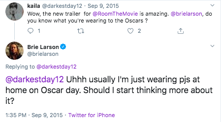 Brie telling a fan that she usually just wears pjs for the Oscars