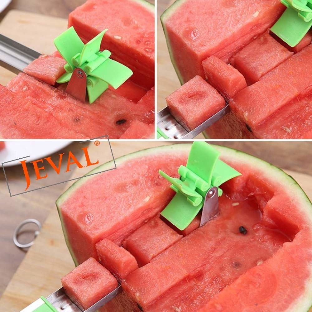 A collage of three images showing the slicer cutting up small watermelon pieces.