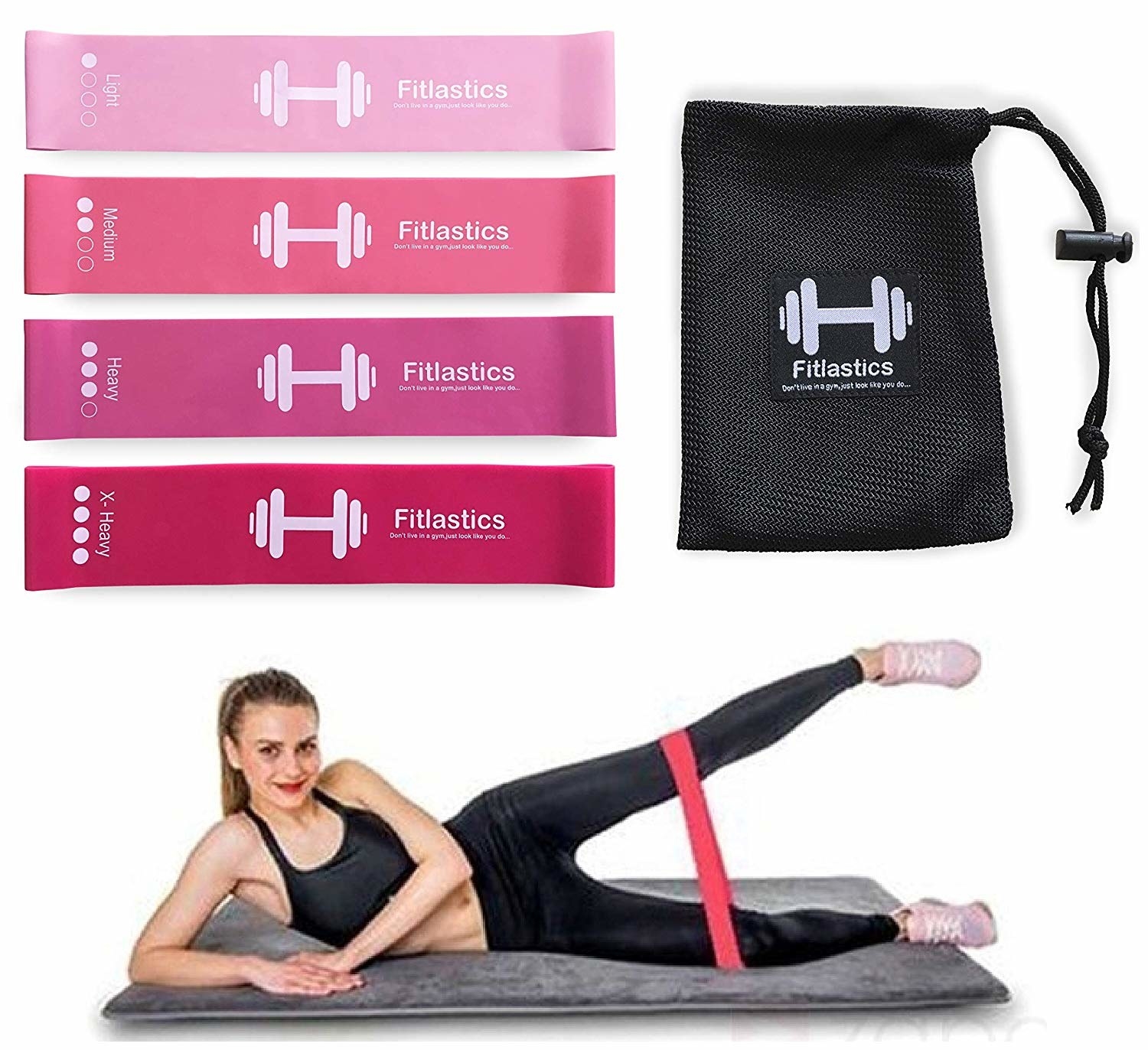 A set of pink resistance bands in different shapes and a woman using the bands. 