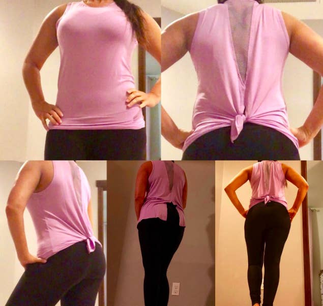 reviewer showing the different ways the tank can be worn in the back
