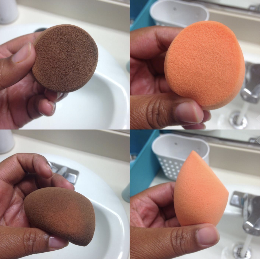 a reviewer&#x27;s before and after photos of a makeup sponge covered in foundation and then clean