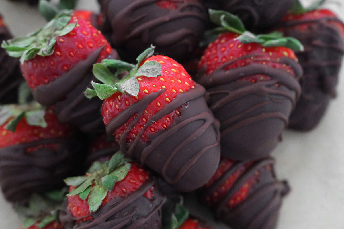 close-up of strawberries that have been dipped in chocolate