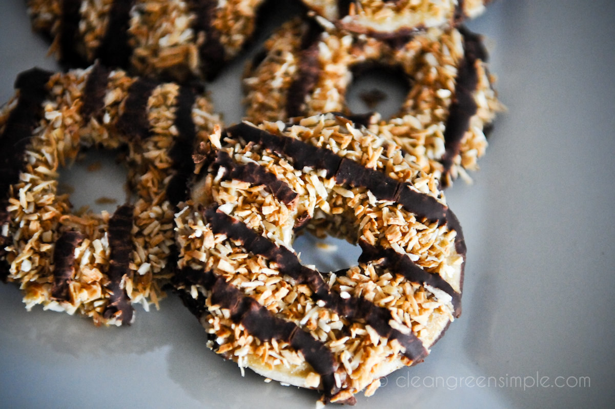 close-up of cookies with coconut and chocolate stripe son top