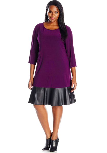 model in the purple dress three-quarter sleeve dress with black faux leather ruffle at hem