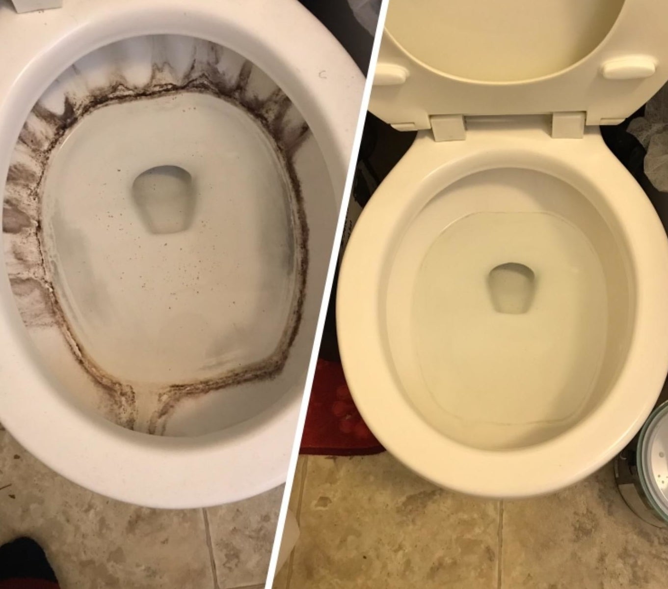 reviewer&#x27;s photo of a toilet with brown stains in it compared to the after photo of it looking clean, white, and stain-free