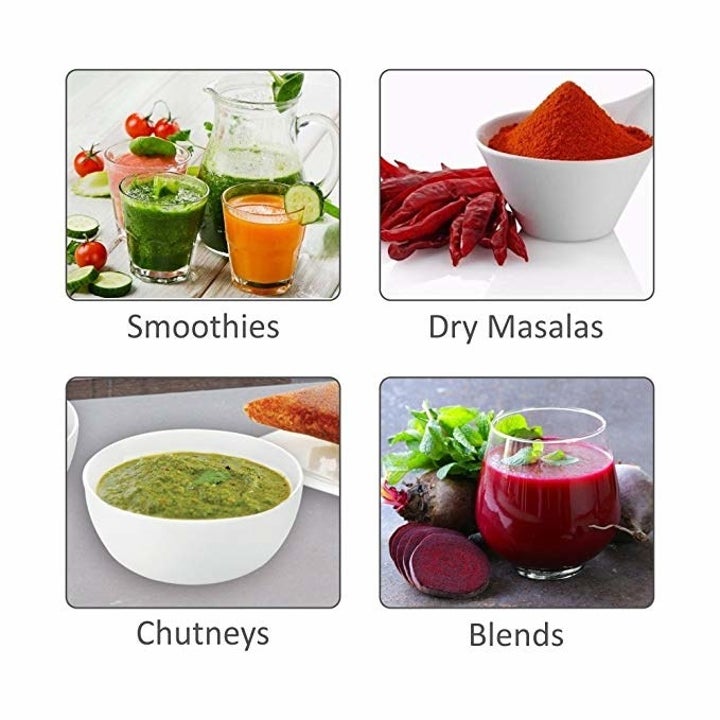 A collage showing smoothies, dry masalas, chutneys and blends all prepared using the blender.