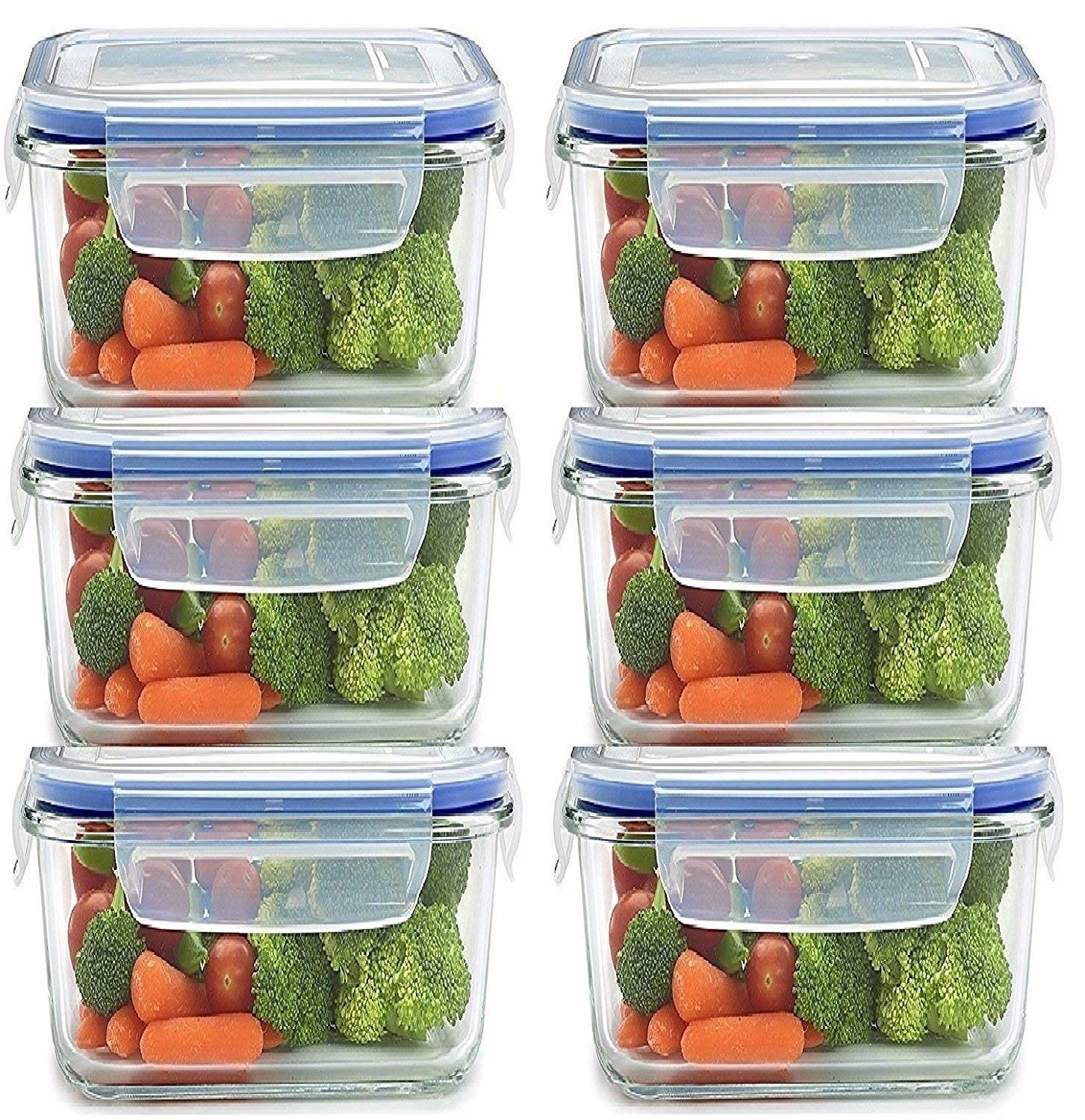 Six airtight food containers with different vegetables in them