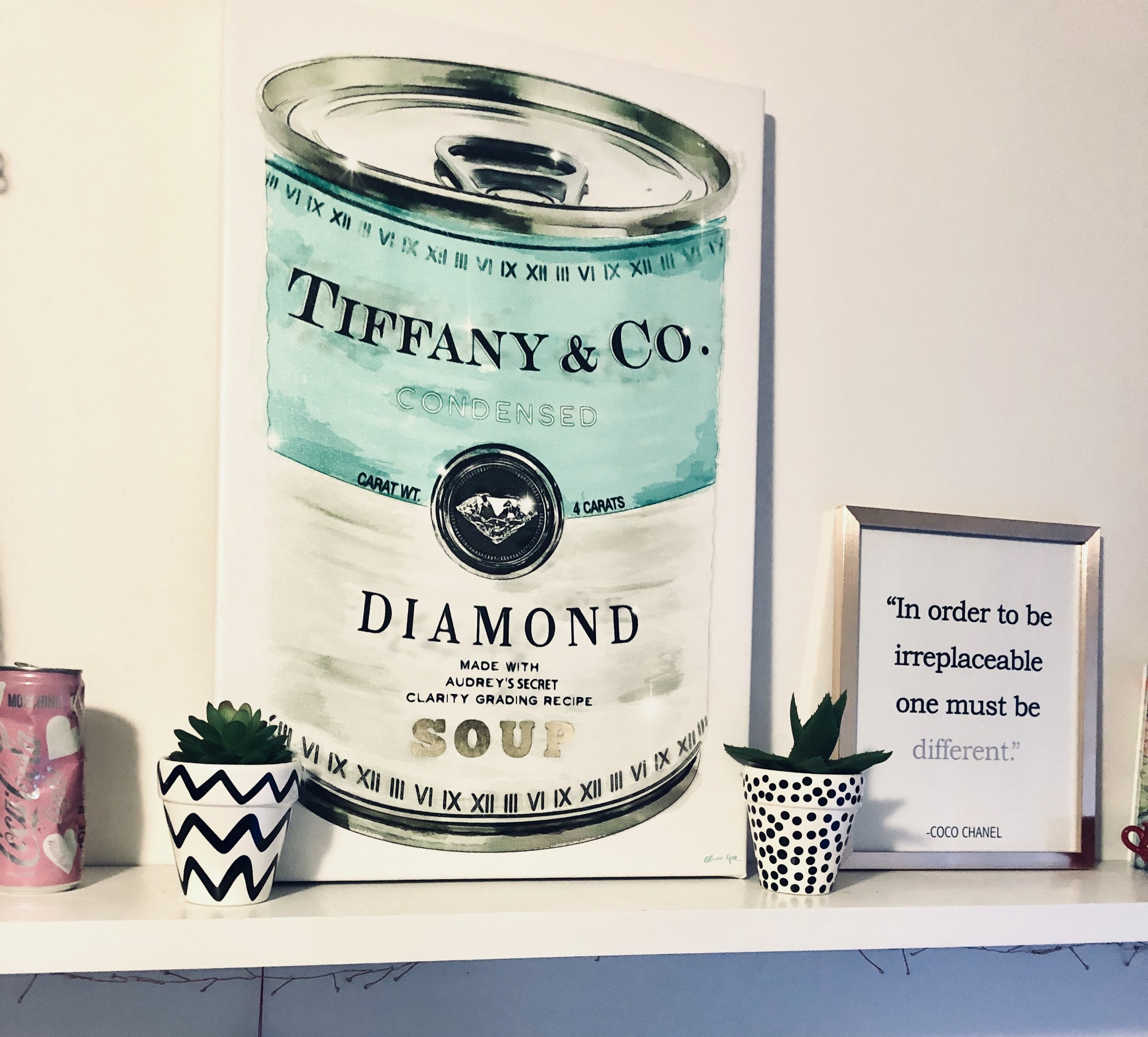 the canvas art of a tiffany and co. soup can in a buzzfeed editor&#x27;s room 