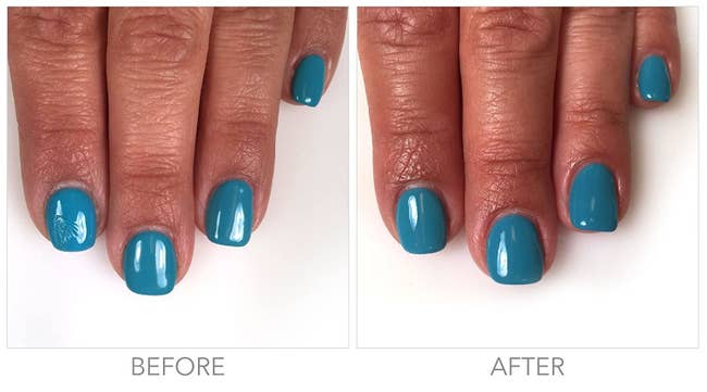 before pic of smudged nail polish and then an after pic of the same fingernail looking perfectly polished