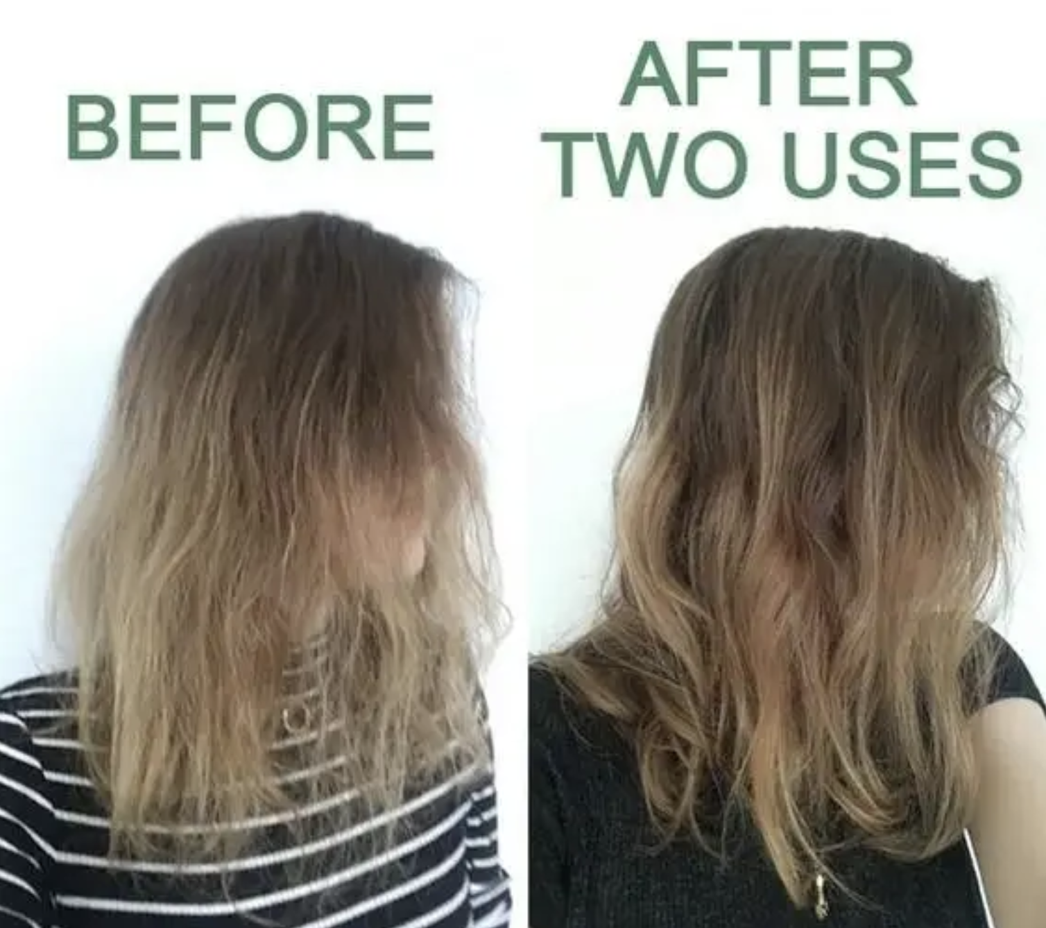 BuzzFeed Writer&#x27;s hair showing a visible difference before and after two uses