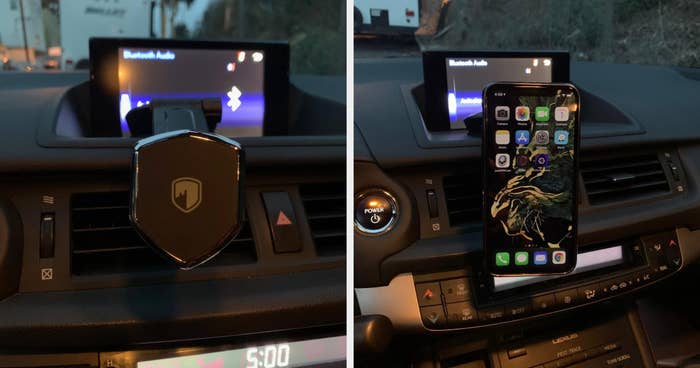 A phone mount clipped a a dashboard in one pic, with a phone magnetized to it in the second one 