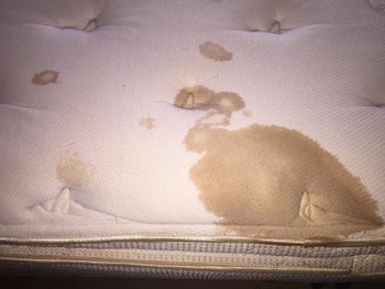 Mattress with a dark brown stain on it