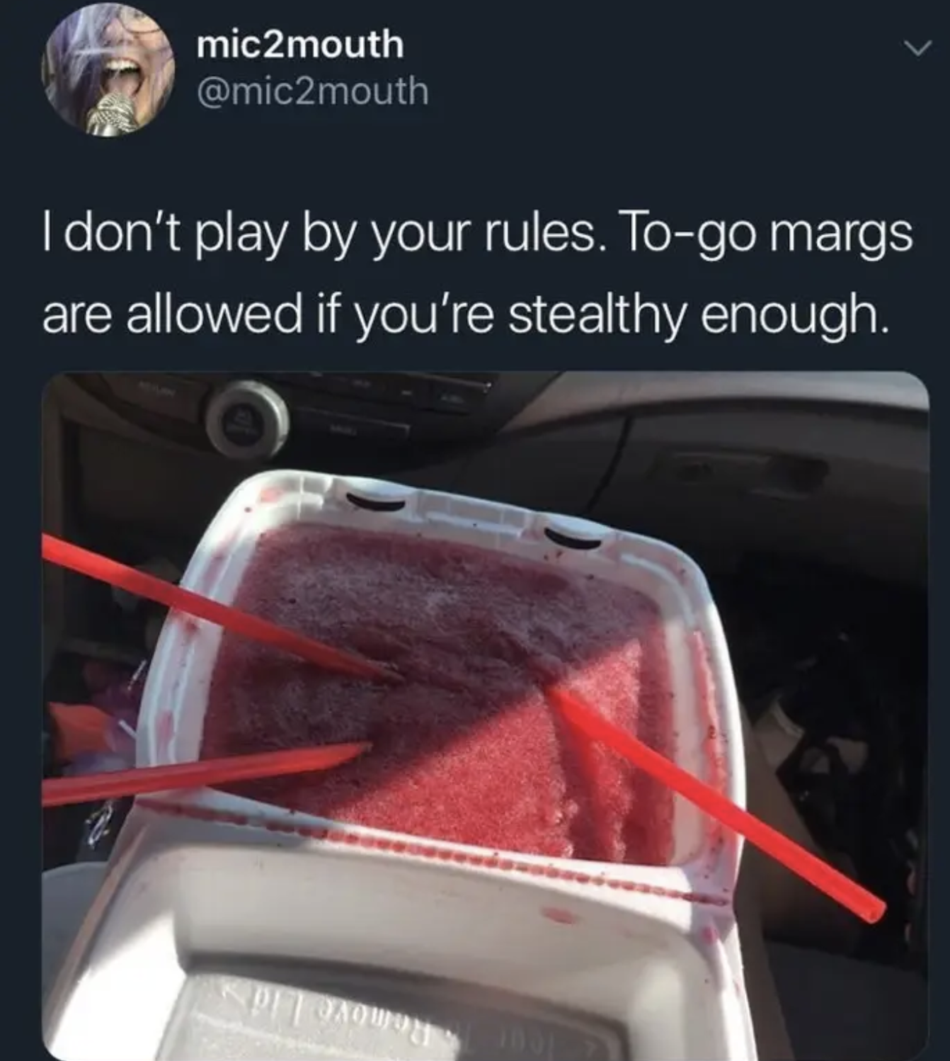 Tweet of a margarita in a to-go box that says, &quot;To-go margs are allowed if you&#x27;re stealthy enough&quot;